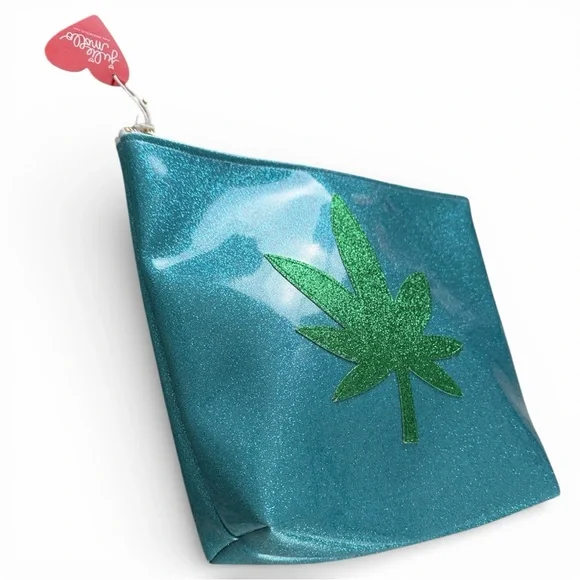 Julie Mollo Glitter Blue & Green Leaf Clutch Oversized Cosmetic Bag New - Picture 8 of 16